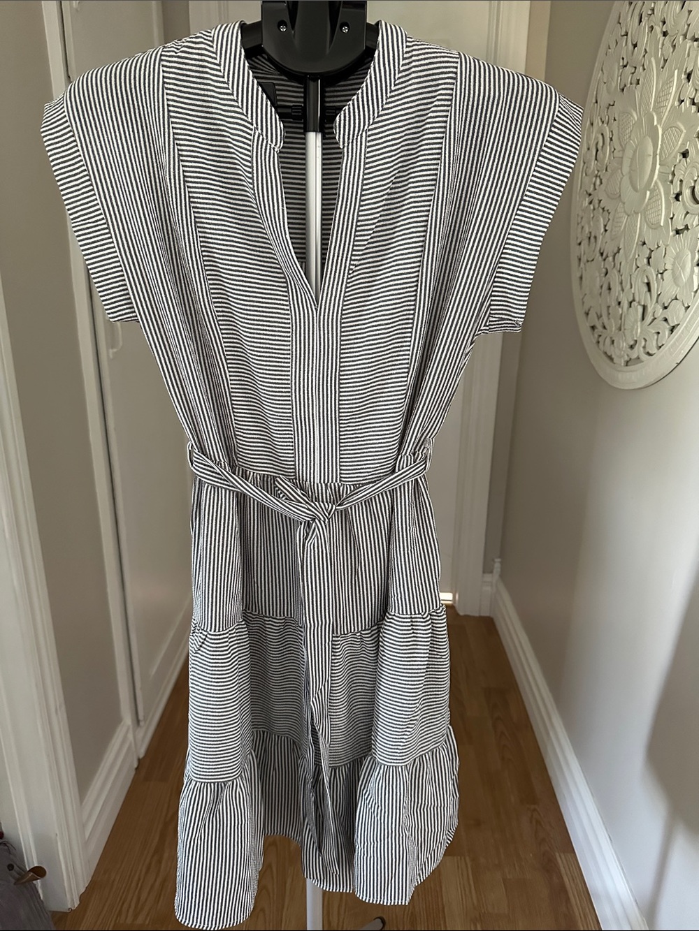 Monteau Black & White Striped V-Neck Tie-Waist Dress
